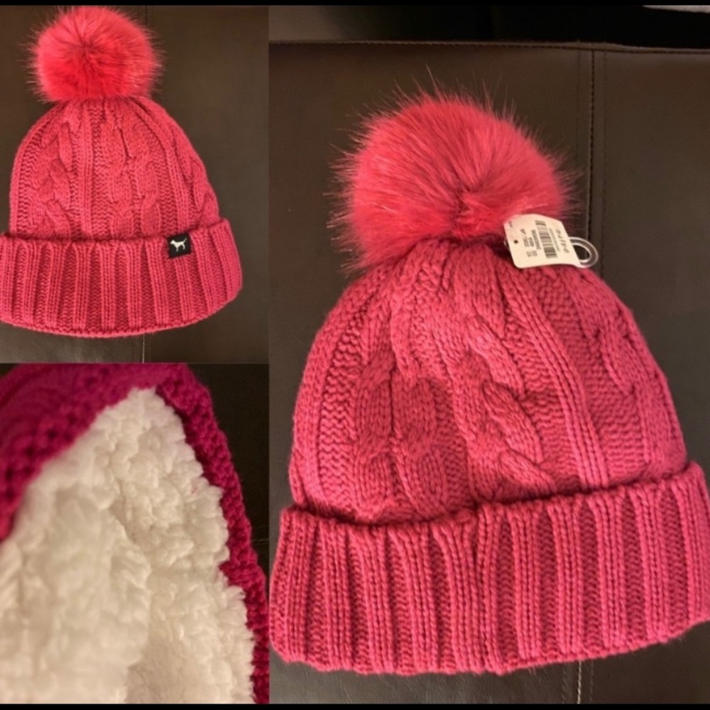NWT Victoria’s Secret PINK Sherpa lined beanie Pom Pom - onesize